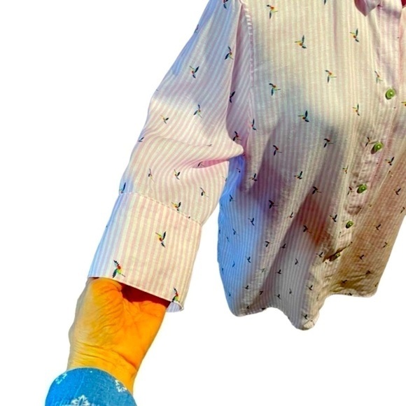 Chico's Linen Pink White Stripe Hummingbird 3/4 Sleeve Button Down Size 2/Large - Picture 3 of 13